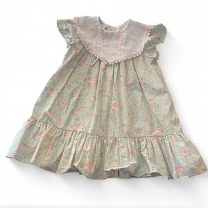 Vintage Floral Ruffle Dress green pink white with Lace Collar size 4T 1990s